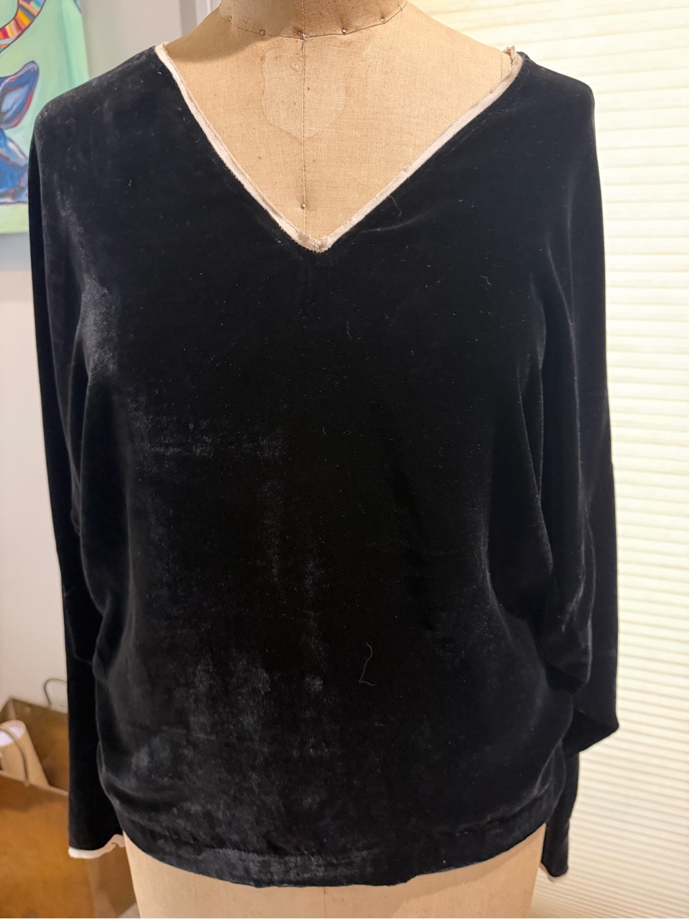 Mes Demoiselles Paris Black Velvet V-Neck ling sleeve top with Contrast Trim